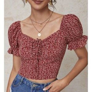 SHEIN Womens Red Floral Smocked Cut Out Tie Front Crop Top Bohemian NWOT Large
